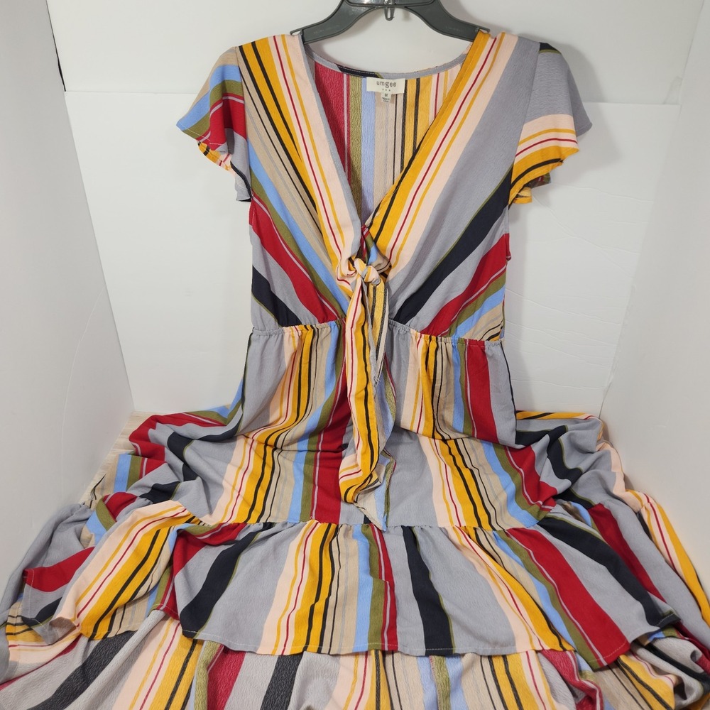 Umgee Maxi Dress Hi Low Hem Striped Ruffles Flutter Sleeve Women's Medium W/ Bow